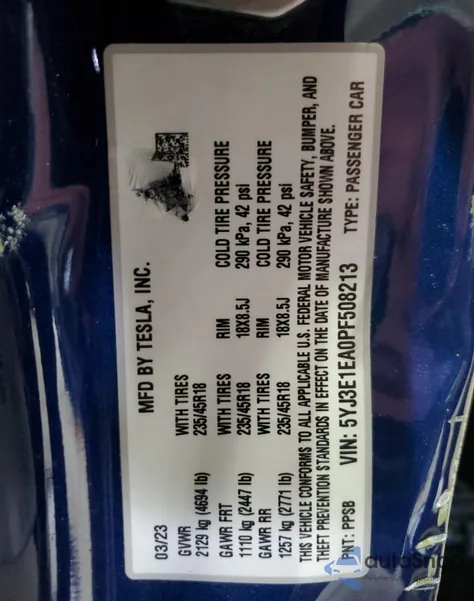 2023 Tesla Model 3 из США, поврежденный, VIN 5YJ3E1EA0PF508213